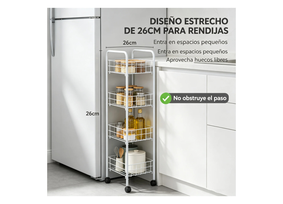 Carrito organizador de 4 niveles de hierro blanco con ruedas, ancho estrecho 26cm para espacios entre…