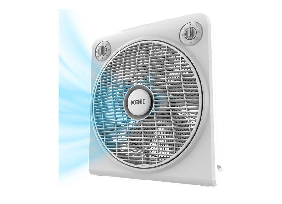 Koenic Ventilador de sobremesa – KOENIC KTF 305026 ES Box Fan, 50 W, 12», 5 aspas, Rejilla giratoria, Temporizador 120 min, 3 velocidades, Blanco