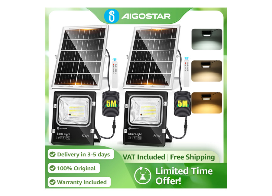 Aigostar Foco Solar 4000mAh Gran Panel | 3 Colores Ajustables IP66, Cable 5M | para Jardín,…